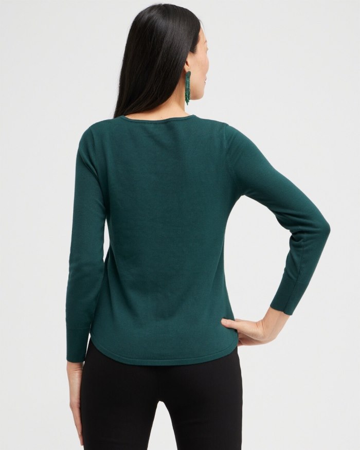 Chicos Caviar Trim V-Neck Pullover Sweater - Enchanted Forest