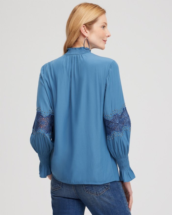 Chicos Floral Lace Detail Top - Blue Echo