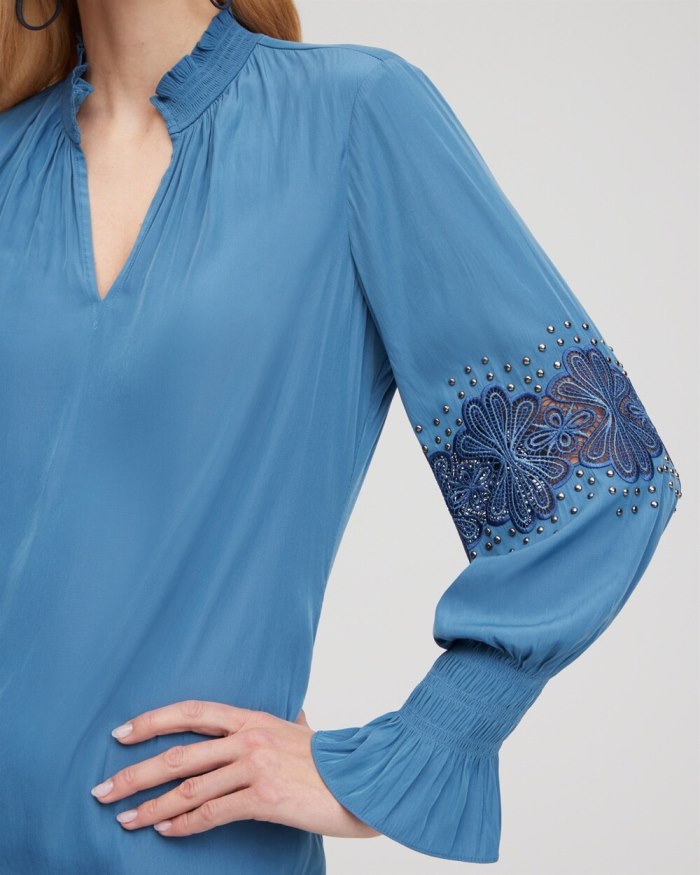 Chicos Floral Lace Detail Top - Blue Echo