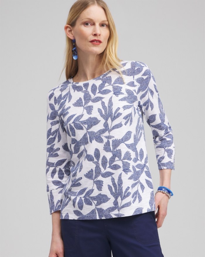 Chicos Leaf Print 3/4 Sleeve Button Tee - Classic Navy