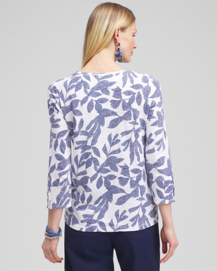 Chicos Leaf Print 3/4 Sleeve Button Tee - Classic Navy