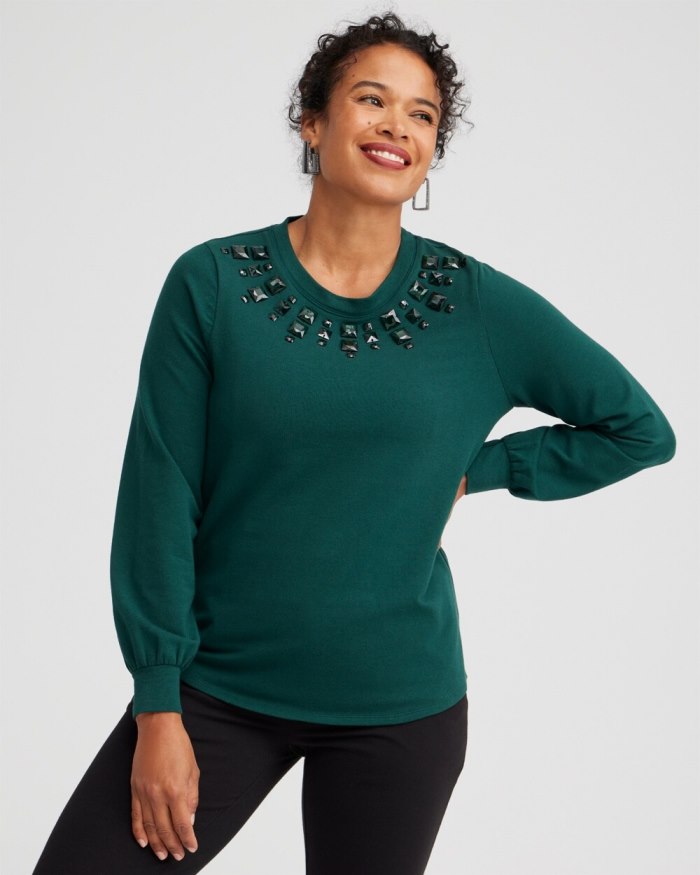 Chicos Zenergy Rhinestone Neck Sweatshirt - Enchanted Forest