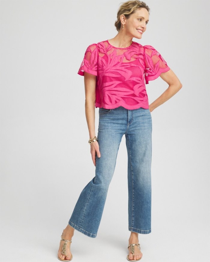 Chicos Applique Cut Work Top - PINK BROMELIAD