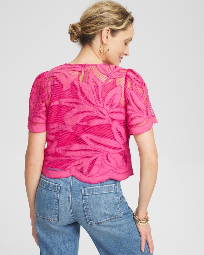 Chicos Applique Cut Work Top - PINK BROMELIAD