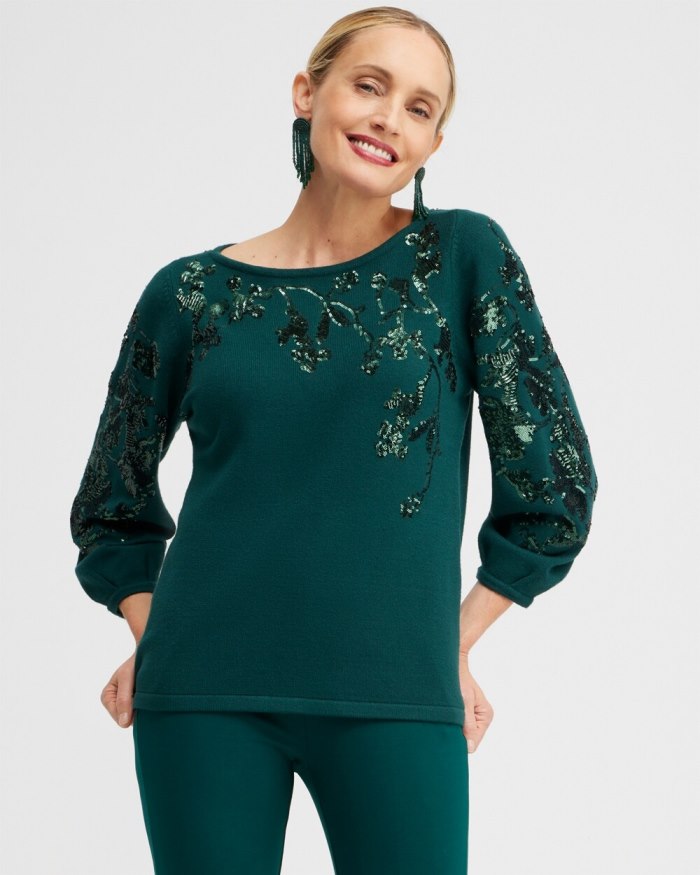 Chicos Sequin Floral Pullover Sweater - Enchanted Forest