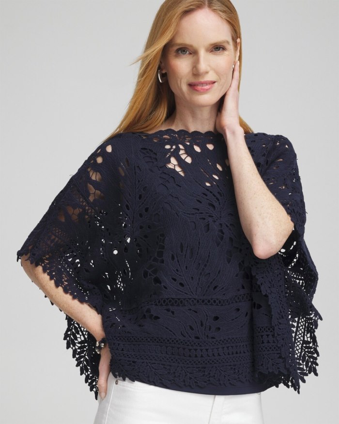 Chicos Lace Crochet Poncho - Classic Navy