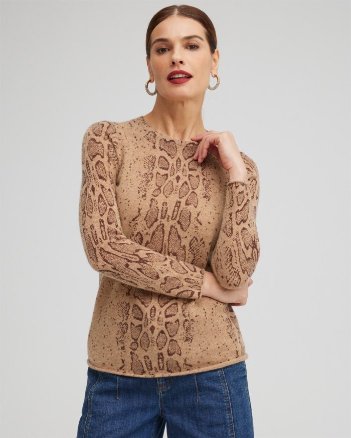 Chicos Cashmere Snake Crew Neck Sweater - Brown