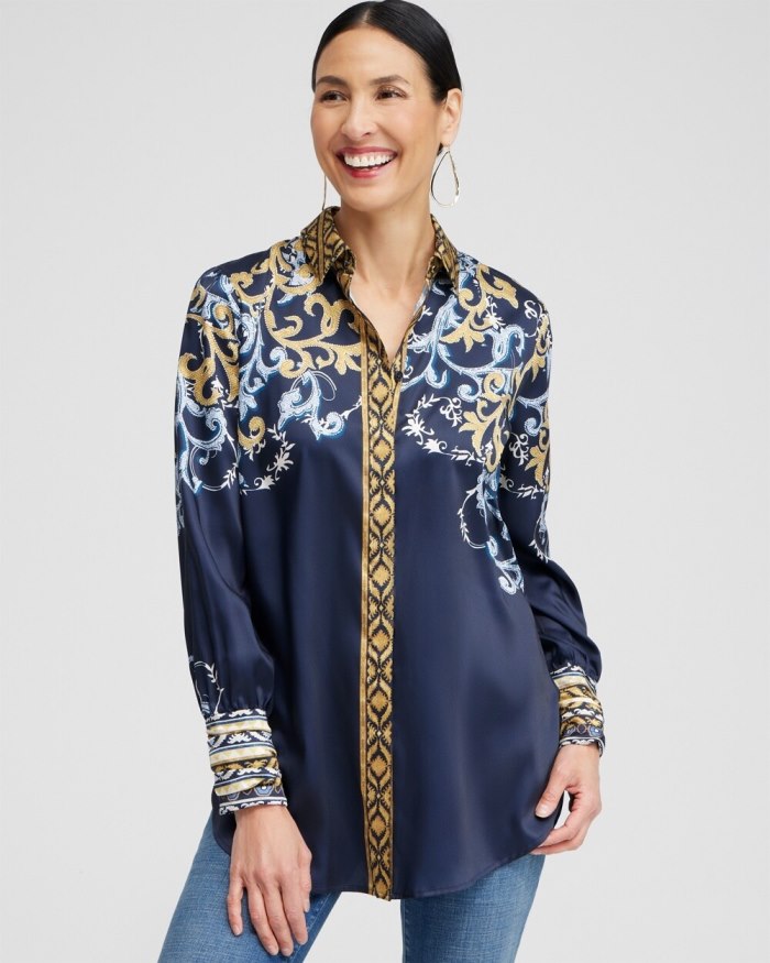 Chicos Ruched Cuff Placed Print Tunic - Azores Blue