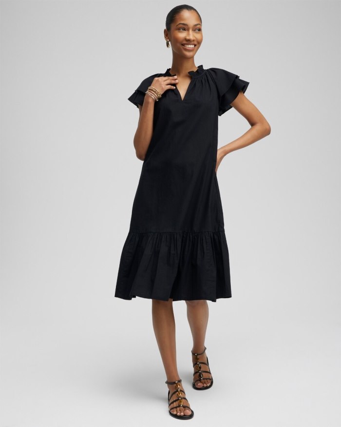 Chicos Tiered Flutter Sleeve Midi Dress - Black