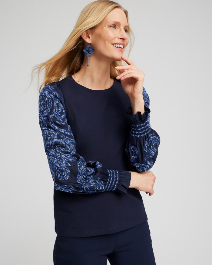 Chicos Embroidered Sleeve Top - Classic Navy