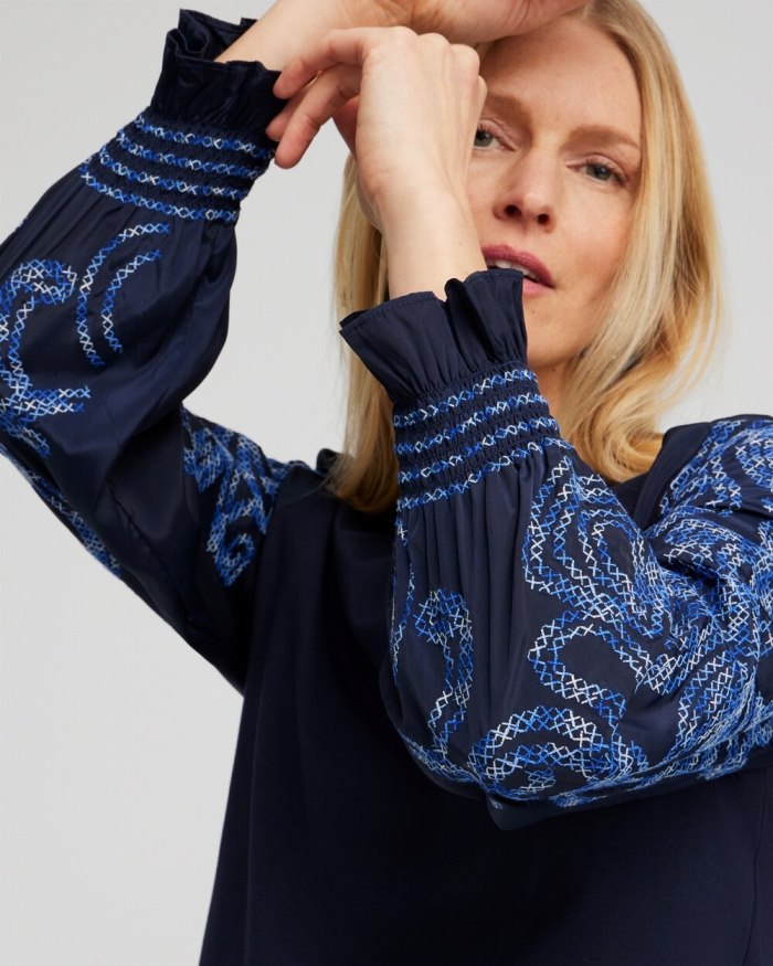 Chicos Embroidered Sleeve Top - Classic Navy