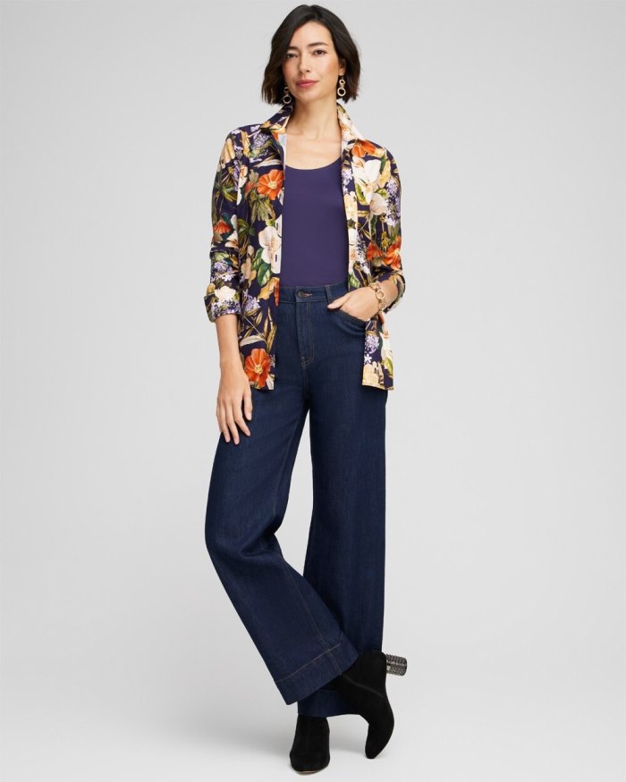 Chicos No Iron Stretch Floral Print Shirt - Dewberry