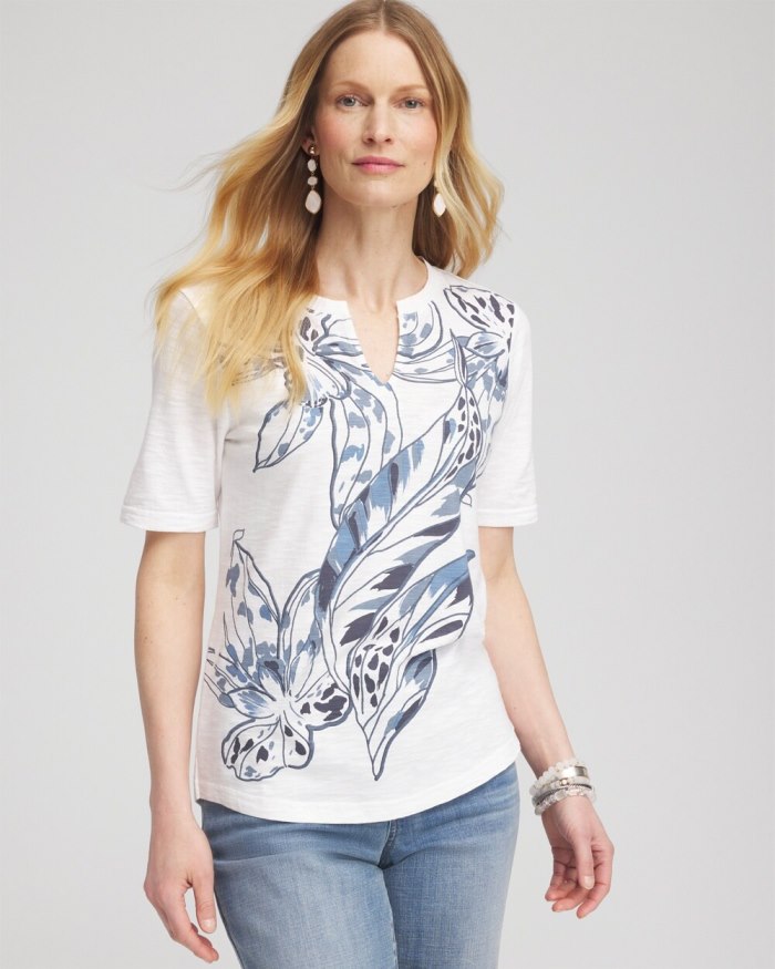 Chicos Floral Notch Neck Tee - Alabaster