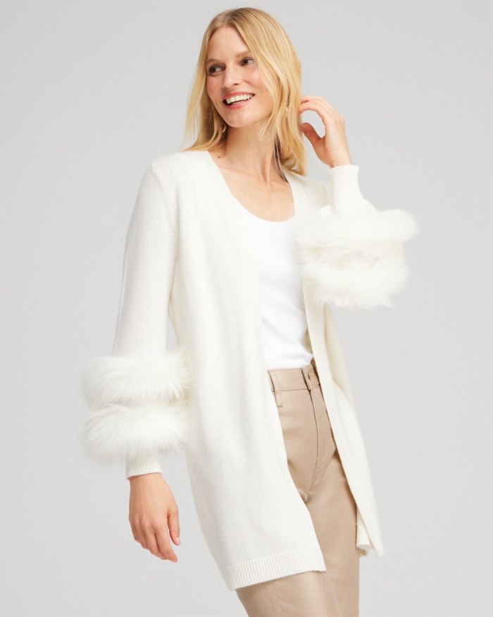 Chicos Faux Fur Trim Cardigan - Ecru