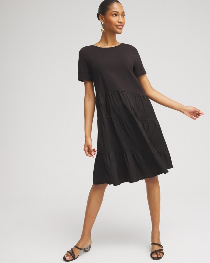 Chicos Asymmetrical Knit Woven Tiered Dress - Black