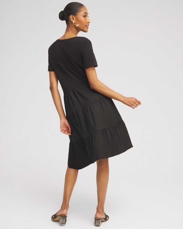 Chicos Asymmetrical Knit Woven Tiered Dress - Black