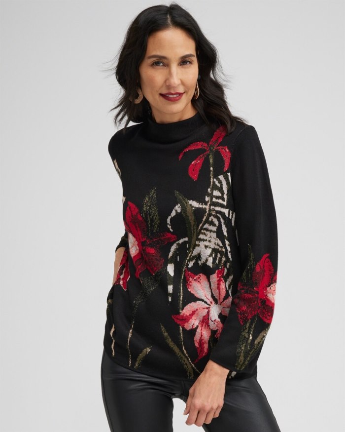 Chicos Floral Mock Neck Sweater - Black