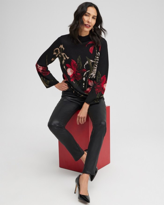 Chicos Floral Mock Neck Sweater - Black