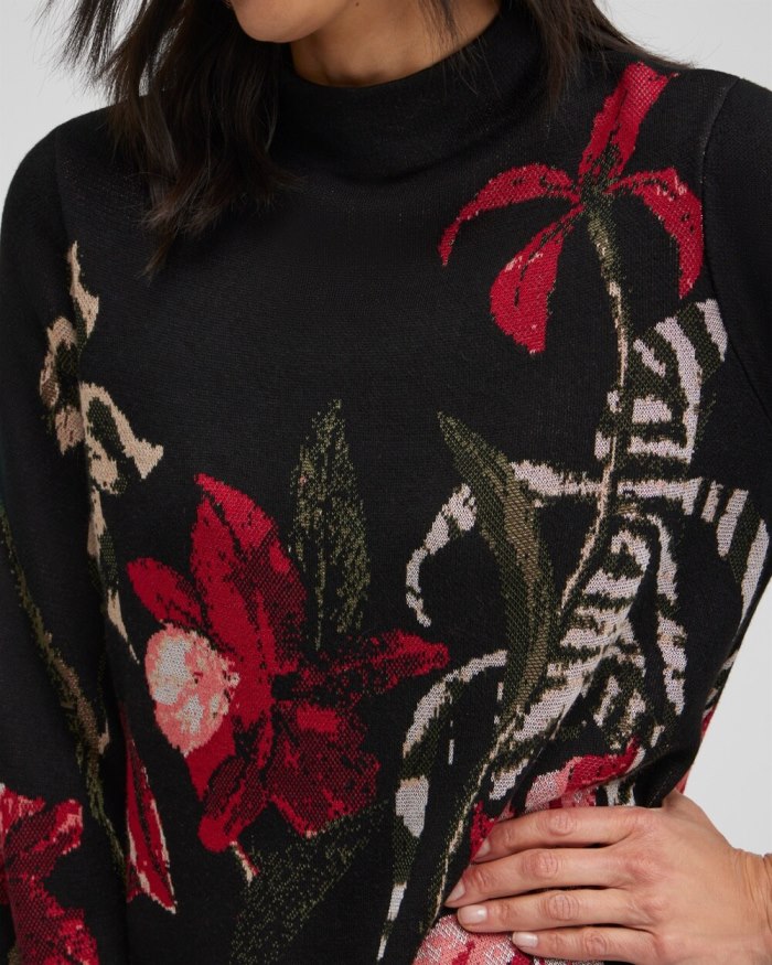 Chicos Floral Mock Neck Sweater - Black