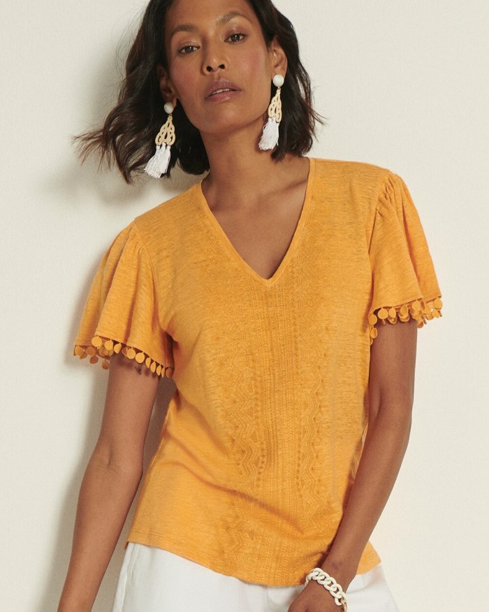 Chicos Linen Embroidered Flutter Sleeve Top - Mango Sorbet