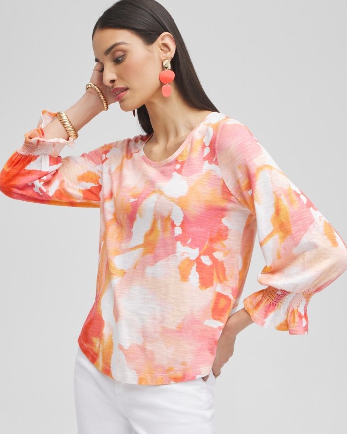 Chicos Watercolor Smocked 3/4 Sleeve Tee - Nectarine