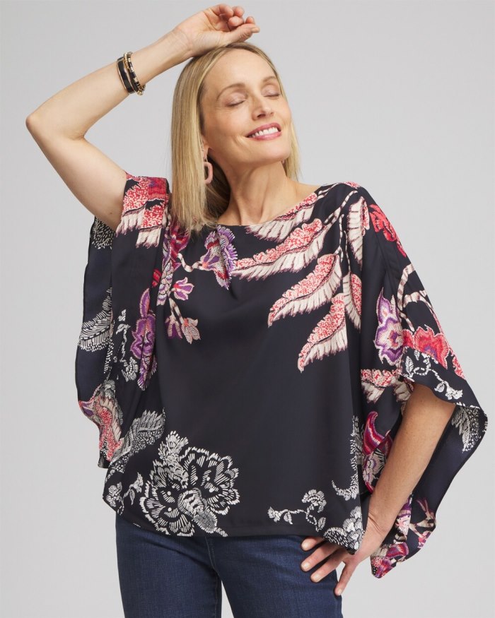 Chicos Ruffle Detail Floral Poncho - Classic Navy