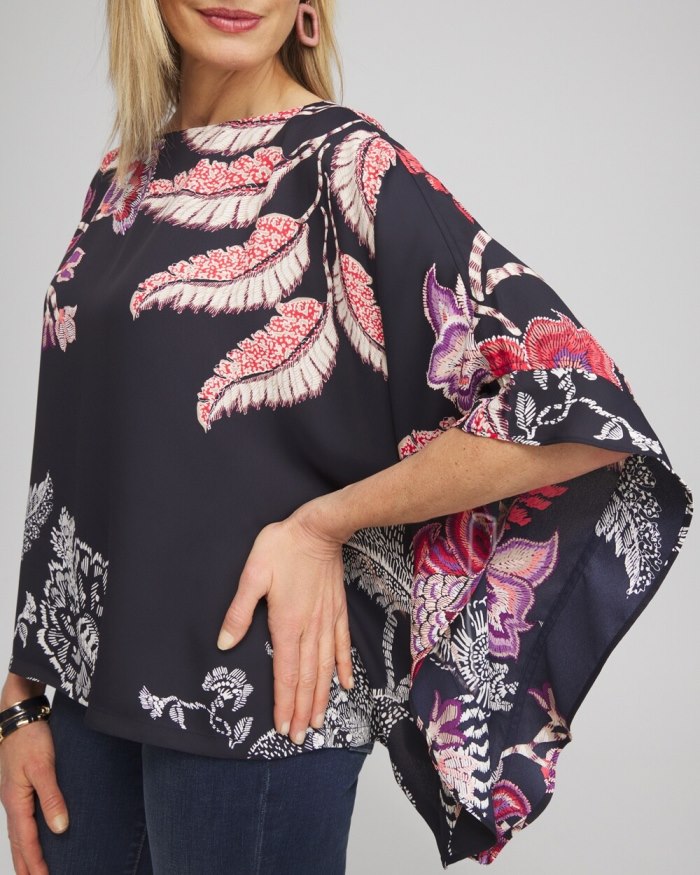 Chicos Ruffle Detail Floral Poncho - Classic Navy