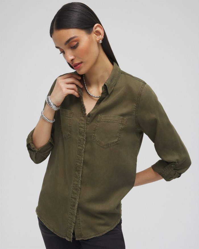 Chicos Twill Fringe Hem Shirt - Olive