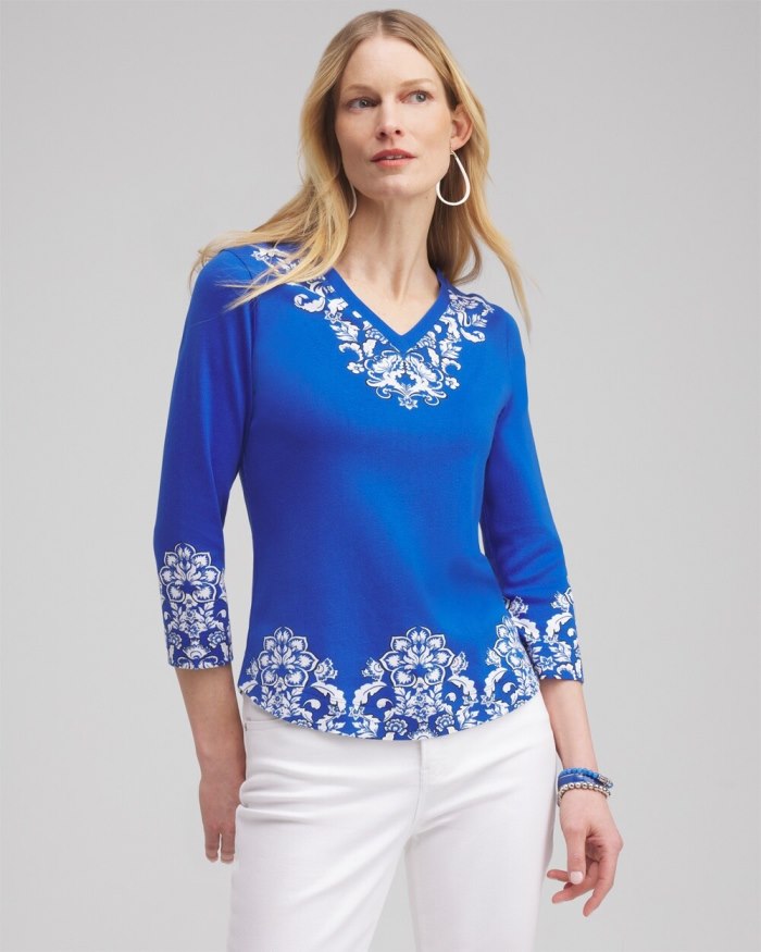 Chicos Etched Everyday 3/4 Sleeve Tee - Intense Azure