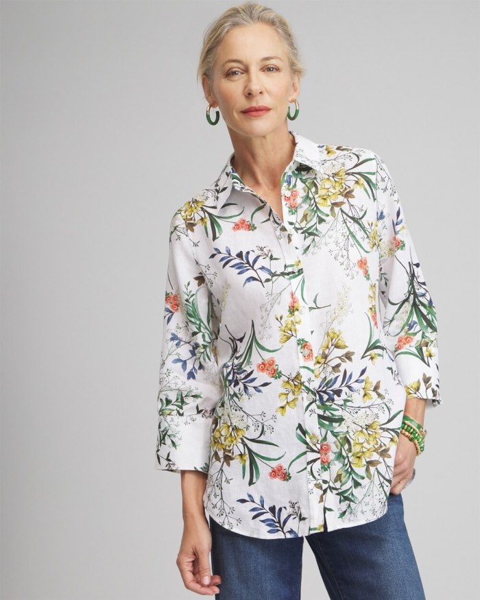 Chicos No Iron Linen Floral 3/4 Sleeve Shirt - Optic White