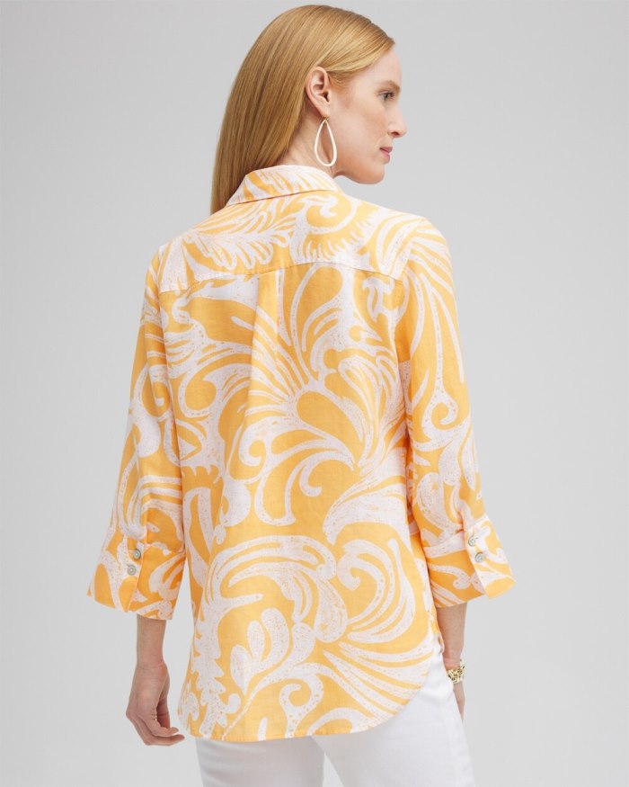 Chicos No Iron Linen Scroll 3/4 Sleeve Shirt - Mango Sorbet