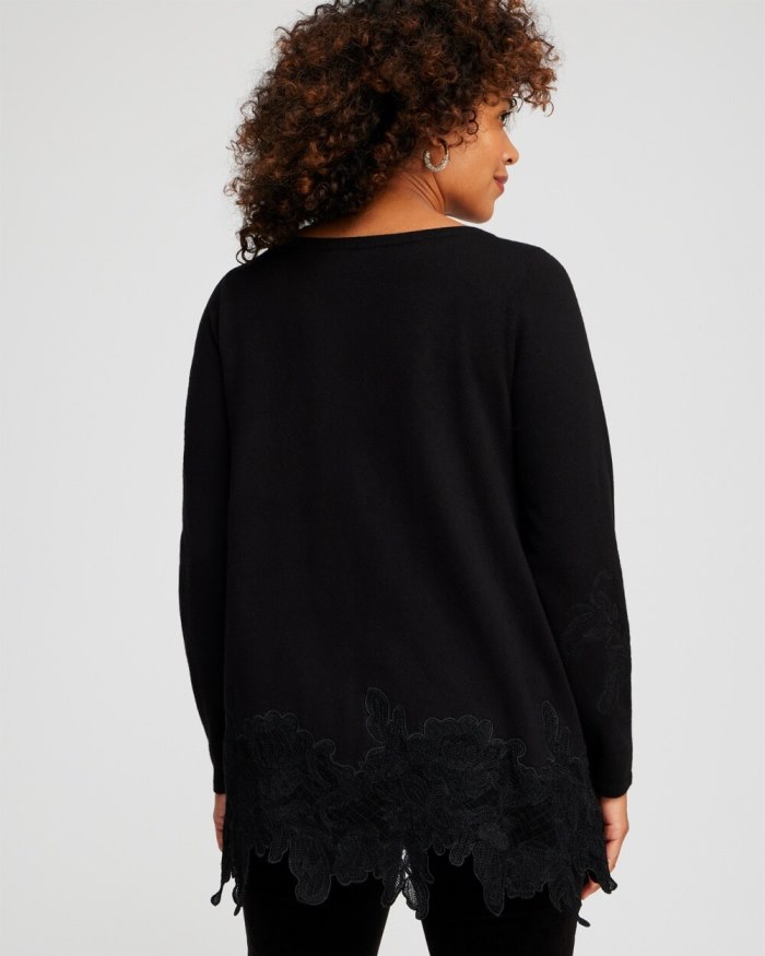 Chicos Cashmere Blend Lace Hem Pullover Sweater - Black