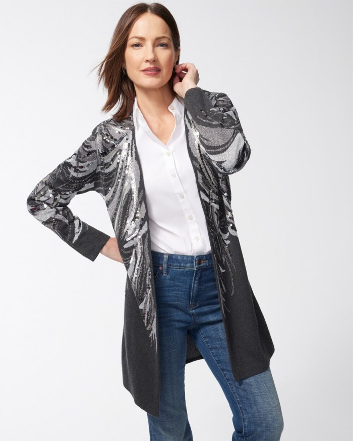 Chicos Embellished Jacquard Cardigan Sweater - Graphite Heather Gray