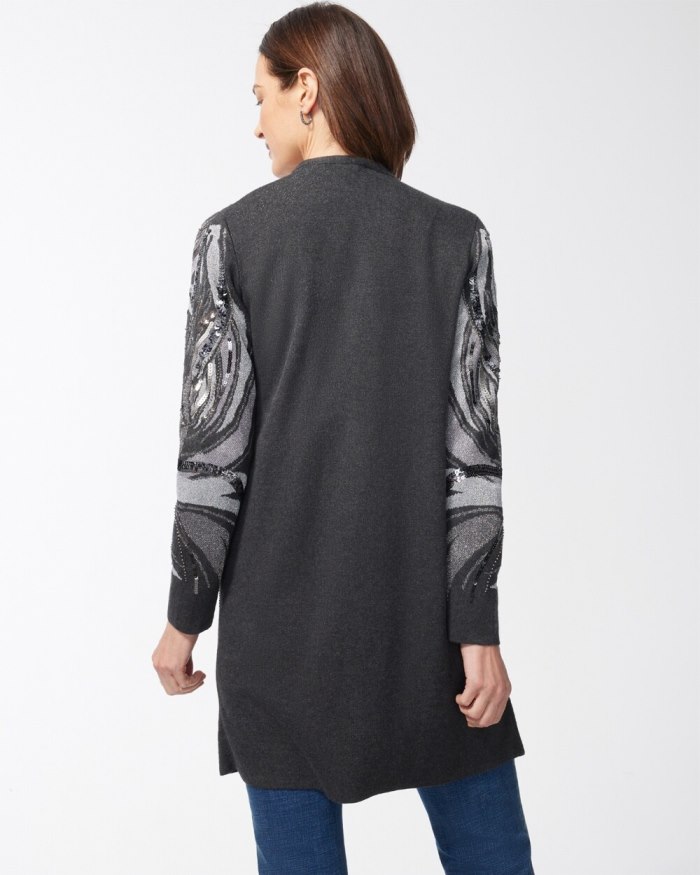 Chicos Embellished Jacquard Cardigan Sweater - Graphite Heather Gray