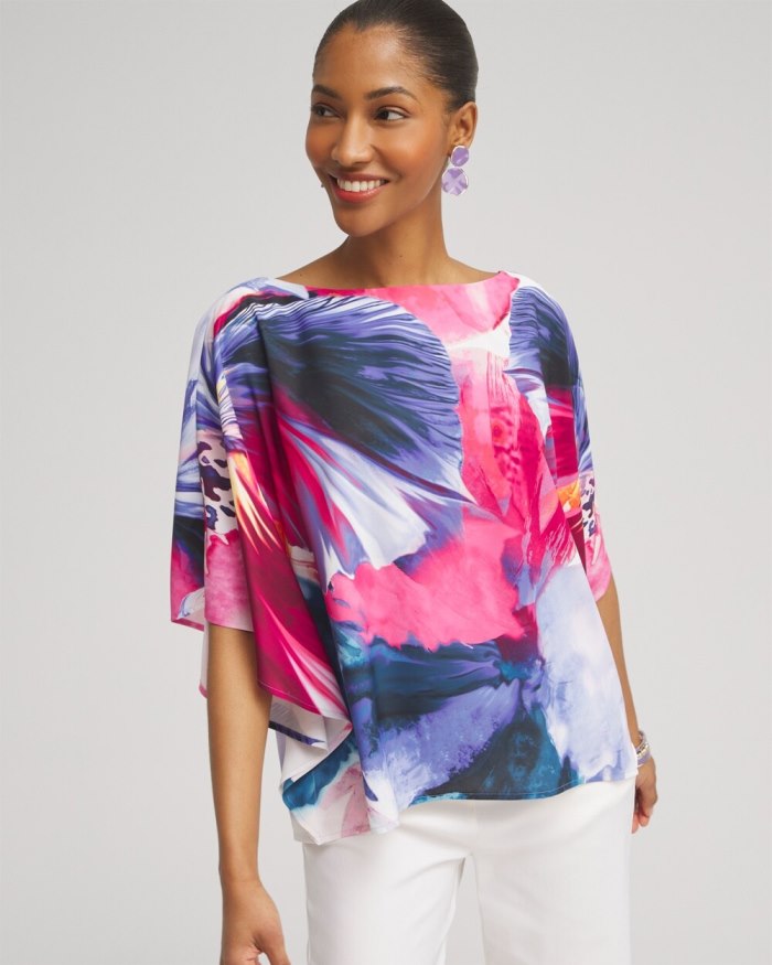 Chicos Floral Watercolor Poncho - Classic Navy