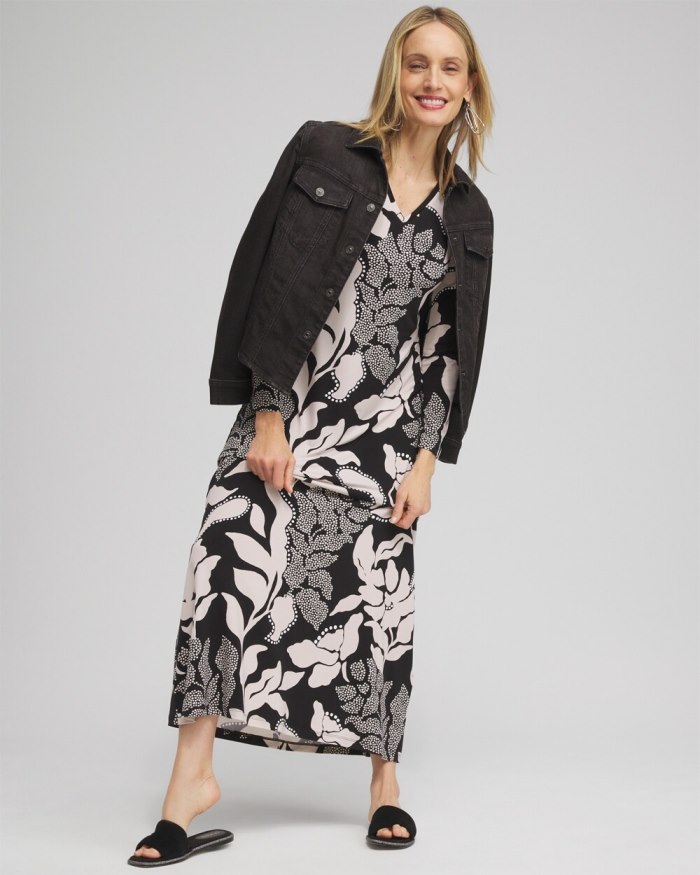 Chicos V-neck Vine Print Maxi Dress - Black