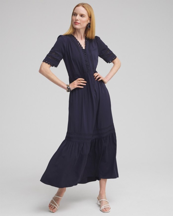 Chicos Silk Blend Ric Rac Trim Dress - Classic Navy