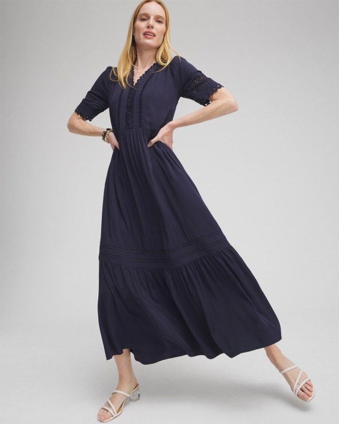 Chicos Silk Blend Ric Rac Trim Dress - Classic Navy