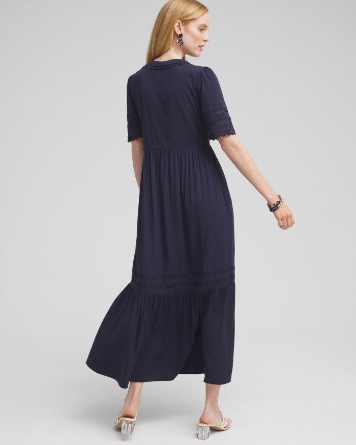 Chicos Silk Blend Ric Rac Trim Dress - Classic Navy