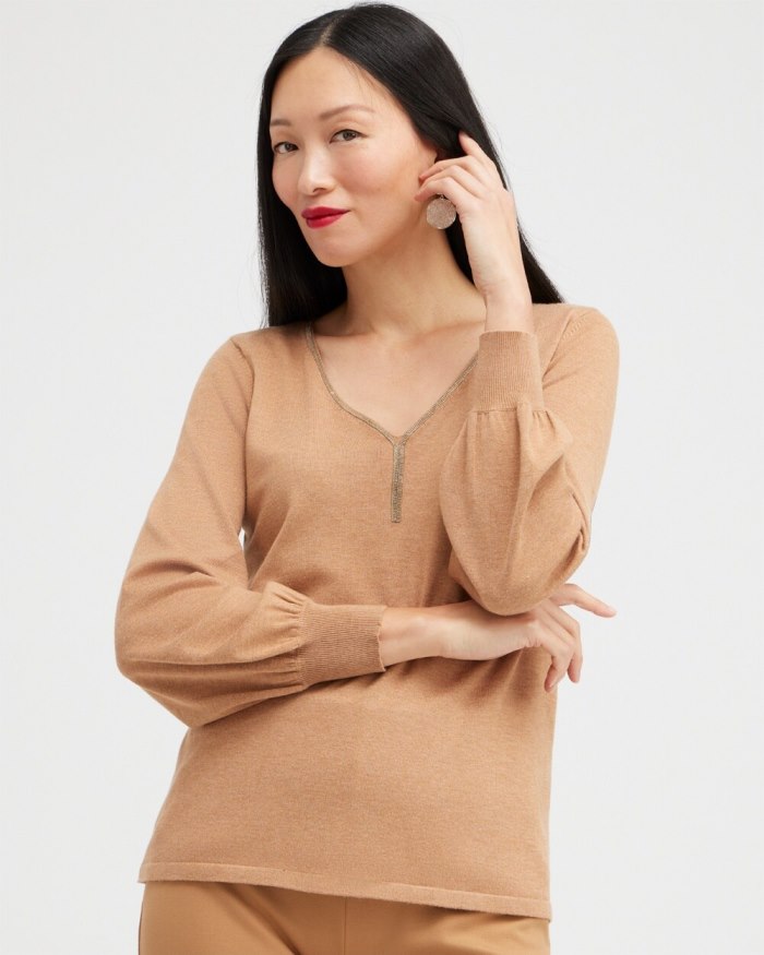 Chicos Caviar Trim V-Neck Pullover Sweater - Faux Camel Heather