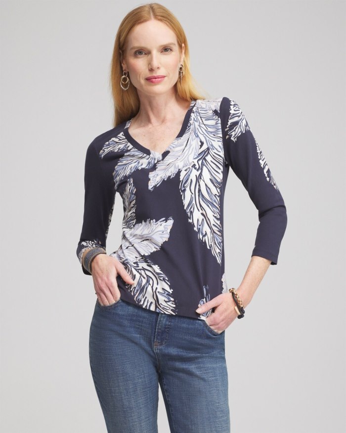 Chicos Leaf Print 3/4 Sleeve Perfect Tee - Classic Navy