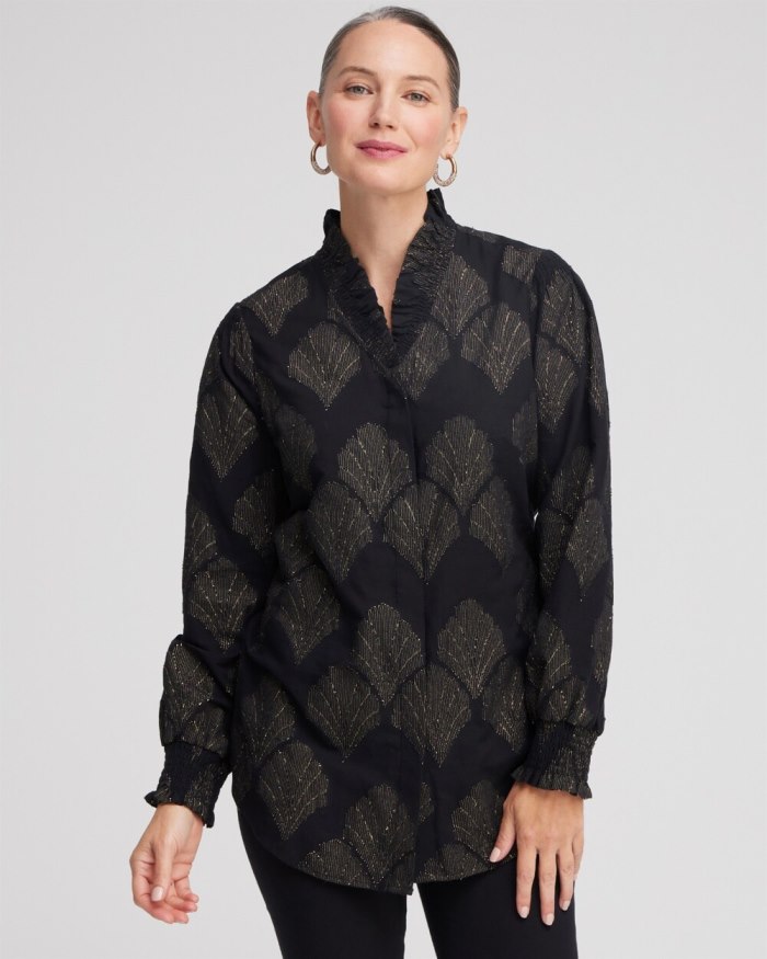 Chicos Jacquard Ruffle Neck Shirt - Black