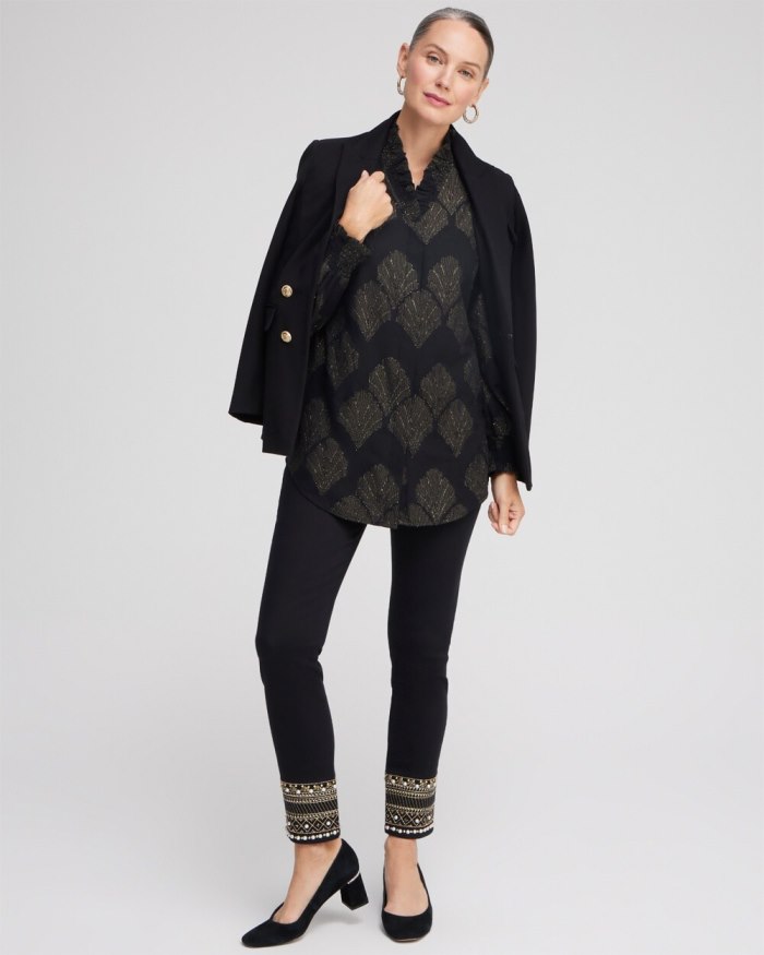 Chicos Jacquard Ruffle Neck Shirt - Black