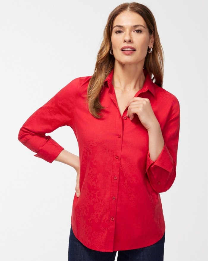 Chicos No Iron Stretch Jacquard Print Shirt - Wild Poppy