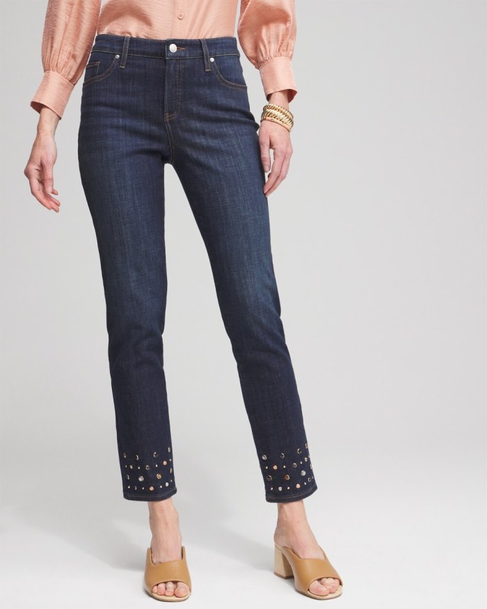 Chicos Girlfriend Rivet Detail Ankle Jeans - La Rambla Indigo