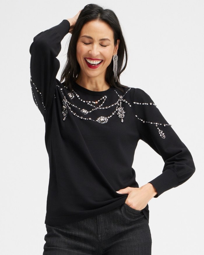 Chicos Crystal Chandelier Pullover Sweater - Black