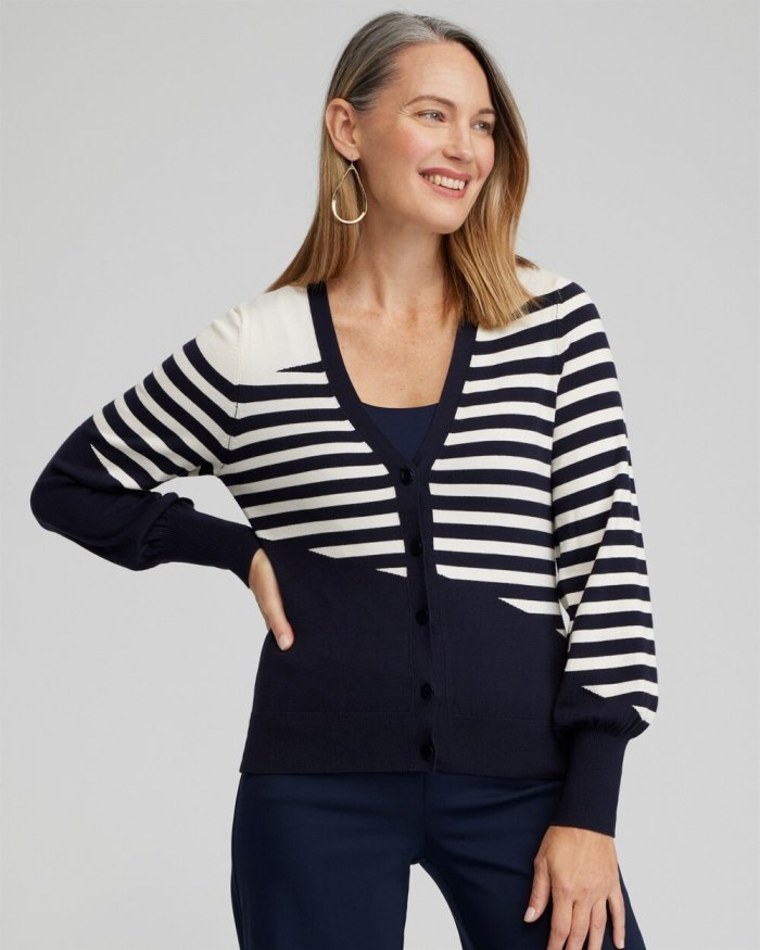 Chicos Mixed Stripe Cardigan - Classic Navy