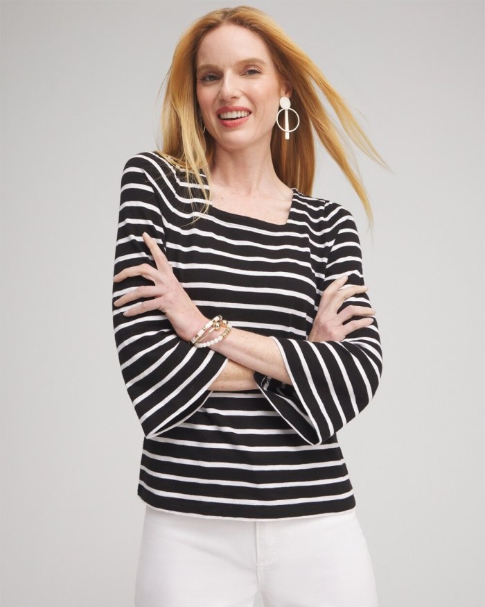 Chicos Stripe Square Neck Bell Sleeve Top - Black