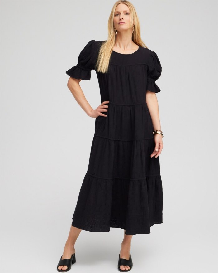 Chicos Gauze Tiered Midi Dress - Black