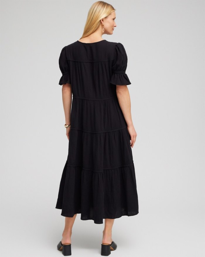 Chicos Gauze Tiered Midi Dress - Black